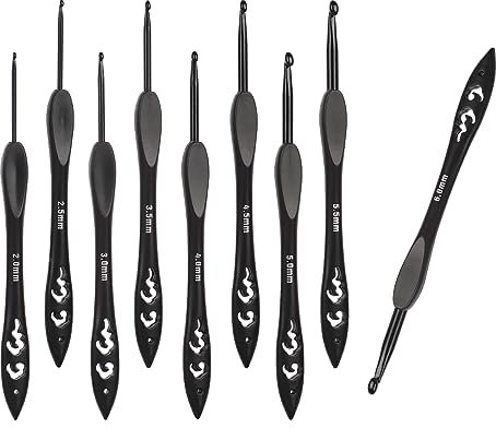 Aeelike Vintage Schwarz Häkelnadel Set für Anfänger, 9 Stück Extra Lange Häkelnadel mit Leicht Kunststoffgriff für Arthritische Hände, Ergonomisch Häkelnadeln Set mit Glatter Hakenkopf für Häkelgarn