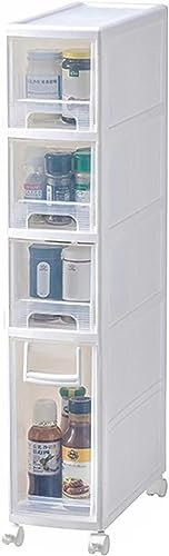Skinny Bathroom Storage Cabinet, Narrow Slim Rolling Storage Cart, 6.3in Kitchen Plastic Storage Cabinet Beside Fridge, White Small Bathroom Storage with 5 Tier Drawers for Small Space Corner Bathroom