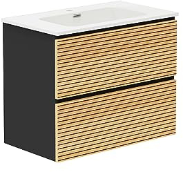 Baikal Mueble de Baño Dash. Conjunto de Baño de 2 Cajones, Suspendido en Pared, Incluye Lavabo Cerámico. Mueble de Fondo de 46cm. Mueble MONTADO. Lavabo Encastrado sin Espejo 80 cm Bicolor