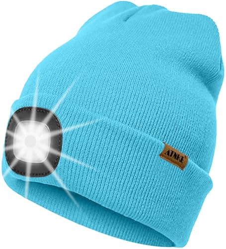 ATNKE LED Beleuchtete Mütze mit Licht,Wiederaufladbare USB 4 LED Beleuchtete Laufmütze Extrem Heller Lampe Winter Warme Stricken Mütze Technik Geschenke für Herren und Damen
