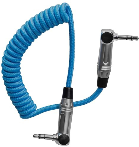 KONDOR BLUE | Coiled 3.5mm Right Angle TRS Stereo Audio Cable | 12-24 Cable Compatible with Stereo Mics, Lavs, Mirrorless Cameras, and Timecode Boxes + More | Blue
