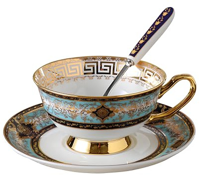 HUAMu Tasses à thé/café en porcelaine anglaise avec soucoupes - 240 ml - Pour la maison, les restaurants, les présentoirs et les cadeaux de vacances, bleu