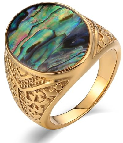 Aotiwe Goldene Ringe, Verlobungsring für Männer Runden Ringe Herren Dünn mit Bunt Ovalschliff Opal Edelstahl Größe 54 (17.2)