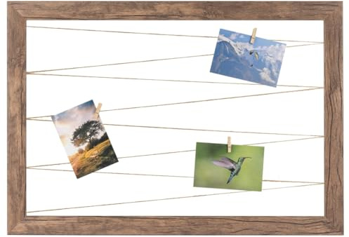 CLAMARO Bilderrahmen mit Juteband-Fotoleine, Eiche Dunkelbraun, 70 x 50 cm | Neo Collage Line, 20 Holzklammern aus Echtholz, 38 mm breiter MDF-Rahmen, Metall-Wandhalterung für Hochformat