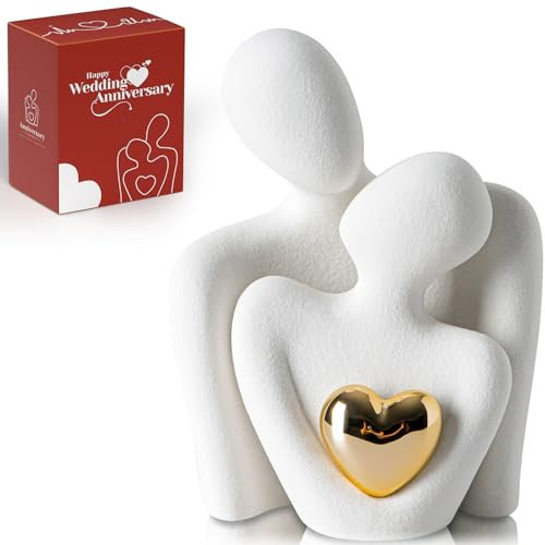 Coppia di Innamorati Statua, Romantica Scultura Moderna Dorato Cuore Design - Statuette Decorative Casa, Soprammobili Moderni, Regalo Sposi, Arredo Moderno - Regalo Anniversario Matrimonio Figure