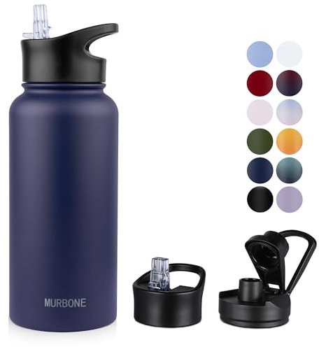 MURBONE Insulated Water Bottle - 1L Stainless Steel Drink Flask with Straw, BPA Free, Leakproof Double Walled Vacuum Bottle - 2 Lids (Straw and Spout Lid), Navy Blue