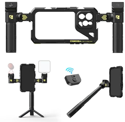 Freewell Cage Genius Rig multifonctionnelle sans Outil pour Smartphone - Installation Rapide, poignées pour trépied et Monopode, télécommande Bluetooth pour iPhone 15 Pro Max