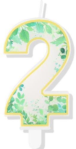 Eucalyptus Print Number 2 Candles, Green Themed Birthday Cake Decorations for Surprise Partys for Boys Girls Woman Man