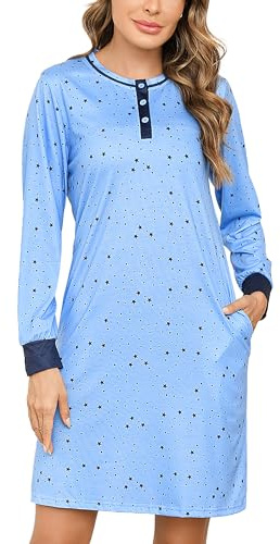 Jahetuul Camisón de Mujer Con Botones Delanteros, Bolsillo y Estampado de Estrellas - Manga Larga, Algodón, S-XXL