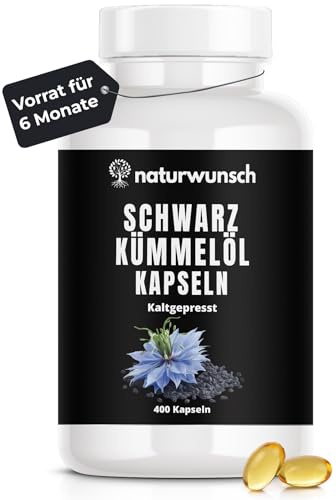 naturwunsch Aceite de comino negro prensado en frío – 400 cápsulas Nigella sativa – Fabricado en Alemania – 1000 mg dosis diaria durante 6,5 meses