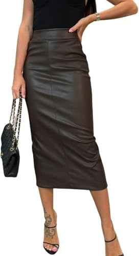 LLECDASEUI Damen Langer Kunstlederrock Bodycon Hohe Taille Schlank Bleistift Bauchkontrolle Midirock mit Taschen