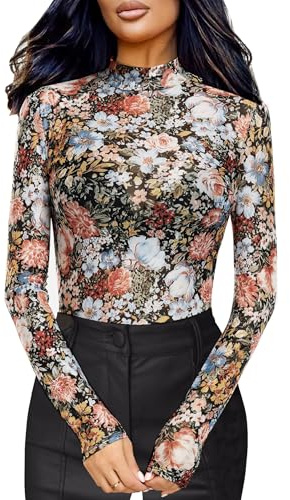 BemorRun Floral Mesh Long Sleeve Tops for Women Mock Neck See Through Fitted Sexy Going Out Top(Multi Floral,X-Large)