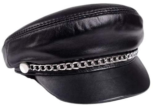 Damen/Herren, Wintermütze aus echtem Leder, 100 % Schaffell, Baseballkappe, Silberkette, 54 - 55 cm