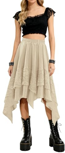 Bridesmay Summer Boho Maxi Skirt Renaissance Lace Layered Skirt Elastic Waisted Asymmetrical Gothic Skirt Khaki M