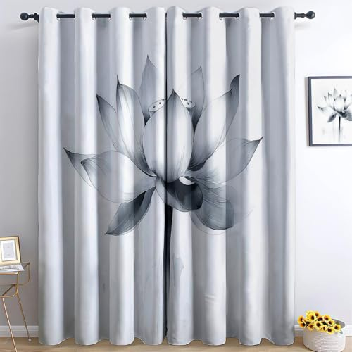 Aquarellmalerei Lotus Ösenschals H140 x B90 cm (2er Set), Blickdichter Thermo-Stoff Für Kinderzimmer und über Heizkörpern, Hellgrau