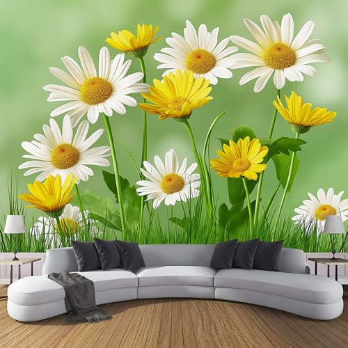 Elegante Carta Da Parati Fotografica Fiore Giallo E Bianco Margherita, 150Lx105A Cm Parete Impermeabile, Grande Sfondo Per Tv, Soggiorno Camera De Letto Ufficio Decorazione Da Parete 3D
