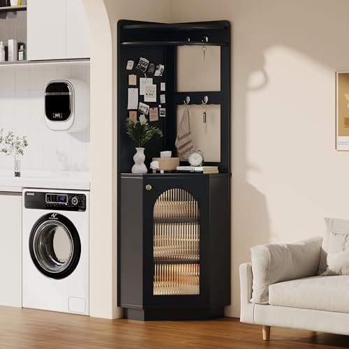 YESGIGA Badschrank mit Lichtleiste, Badmöbel, Eckschrank mit Staufach, offenes Fach mit Haken, mit verstellbaren Einlegeböden (Schwarz A)