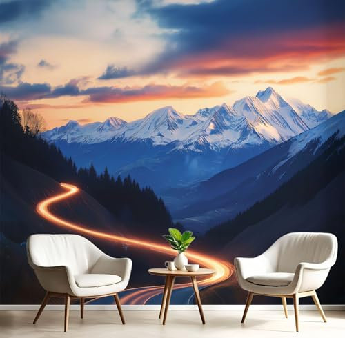 Papier Peint Panoramique 350x256cm (L×H), Route Sinueuse Papier Peint Tissu De Soie, 3D Effet Décoration Murale Poster, Sommet De Montagne Paysage Tableaux Muraux Photo Trompe L'Oeil Ornament