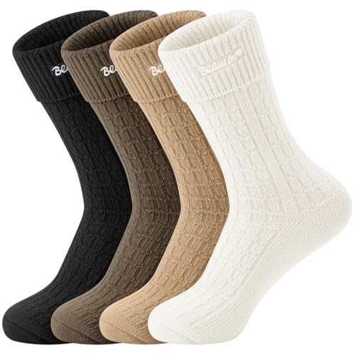 Beaulov Varma strumpor damer vinter termostrumpor damer merino strumpor ullstrumpor tjocka stickade strumpor vandringsstrumpor vinterstrumpor, C-svart + kaffe + Kaki + vit, one size