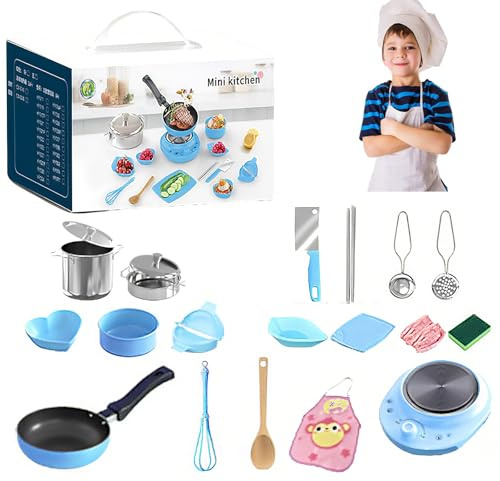 Mini Kitchen Cooking Toy for Kids - Real Food Cooking Set with Electric Stove & 22Pcs Accessories - Safe Plastic/Stainless Steel Play Kitchen, Creative Role Play Gift for Boys & Girls (Blue)