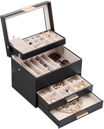 Lolalet Scatola per Gioielli, Organizer con Finestra Trasparente e Cassettino per Orecchini, Bracciali, Collane E Anelli, Conservazione Gioielli per Donne -Nero, 4 Strati