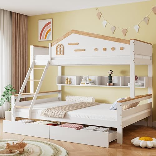 EINHOM Etagenbett 90x200cm&140x200cm, Kinderbett mit Schutzgitter, Zwei Schubladen, mit Fenster, mit Vierstufiger Leiter und Schubladen, Offenes Regal, Kiefer+MDF, Weiß+Natur, Ohne Matratze