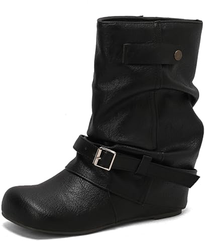 Lizoleor Botines Mujer Cuña Punta Redonda Sin Cordones Hebilla Otoño Clasico Pantorrilla Ancha Ankle Cuff Negro Talla 47 EU/49CN