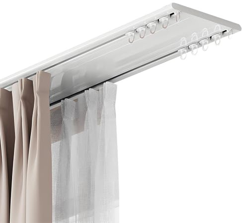 Rails de Rideau au Plafond à Rideaux à Double, Tringle de Rideaux à Rails à Double Rangée, 1-6m Rails Plafond Rideau en Aluminium pour Salon Chambre à Coucher(White,2.4m(7.9ft))