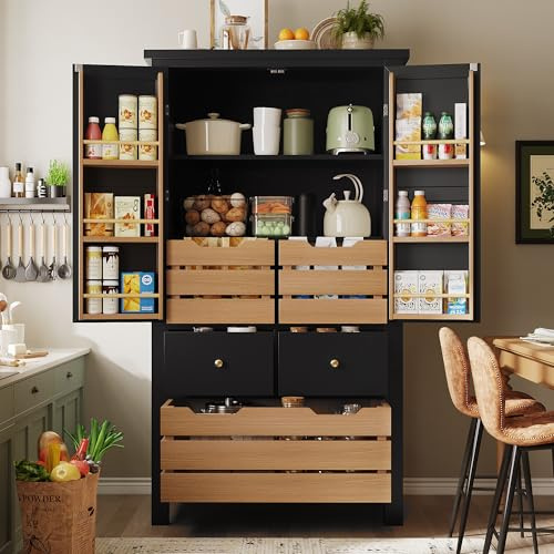 Zravenna Küchenschrank Hoch 80x40x140cm mit Große Stauraum, Buffetschrank Küche mit Zwei Türen, fünf Schubladen und Türregal, hohes Küchenbuffet Snackschrank, Aufbewahrungsschrank (Schwarz)
