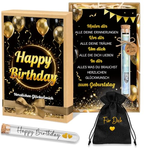 Geldgeschenke Geburtstag Verpackung, Geschenkverpackung Gutschein, Schwarz-Gold Geschenkbox mit LED Lichterkette Reagenzglas Geburtstagskarte, Geschenkidee Geburtstagsgeschenk für Frauen Männer
