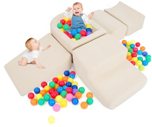 COSTWAY 5 TLG. Schaumstoffbausteine, Riesenbausteine mit Bällebad, Großbausteine zum Toben und Klettern, Kletterblöcke Softbausteine XXL für Zuhause, Spielzimmer (Beige,Cordstoff)