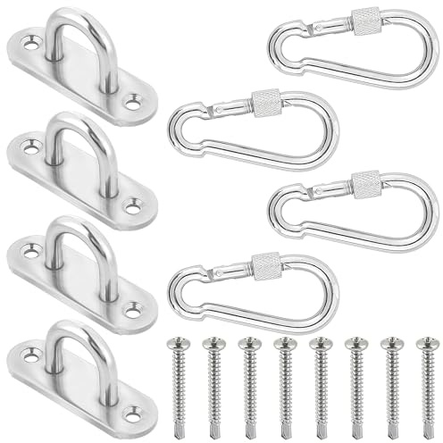 YOYEAH Juego de Ganchos de Techo, 4 Piezas de Ganchos de Acero Inoxidable con Placa Ocular, Mosquetón y Fijación para Sacos de Boxeo, Hamacas, Columpios en Techos de Hormigón