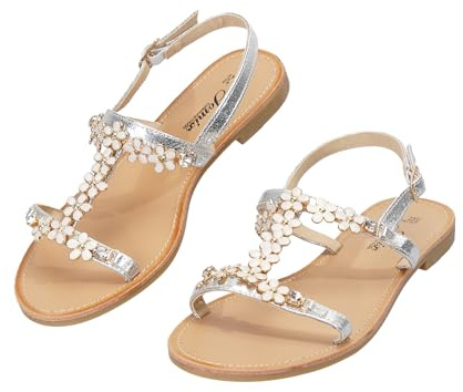 CLEIKS Sandali da Donna Estivi Eleganti con Fiori Scarpe Estive da Donna Scarpe Eleganti da Donna Traspiranti Stabili per Vacanza (Argento, 37 EU, WFF260404-11)