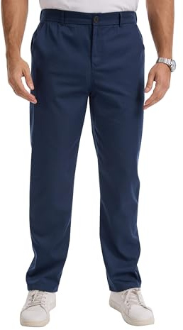 LVCBL Pantalon Chino Homme Regular Fit Stretch Tissu Léger Effet Lin Décontracté Travail Bureau Taille Élastique Marine L
