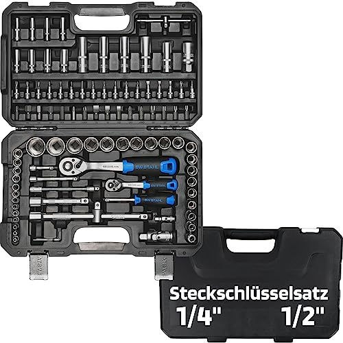SW-Stahl 07797L Steckschlüsselsatz 97-teilig - Knarrenkasten 1/4 & 1/2 Zoll | Ratschenkasten aus Chrom-Vanadium - Profi Werkzeugkoffer für Kfz und Motorrad - Nusskasten mit 72-Zähne Knarre - DIN genormt