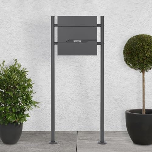 ECD Germany Standbriefkasten mit Zeitungsfach, Design Briefkasten mit Pfosten, Briefkastenanlage, Briefkastenständer Anthrazit Höhe 120cm, Postkasten Anthrazit 37x11x36,5cm Edelstahl pulverbeschichtet