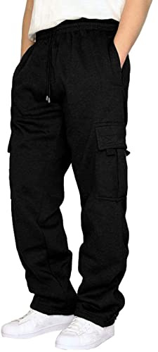 Sprifloral Herr Casual Cargo arbetsbyxor fleece joggingbyxor joggingbyxor med fickor S-3XL, Svart, XL