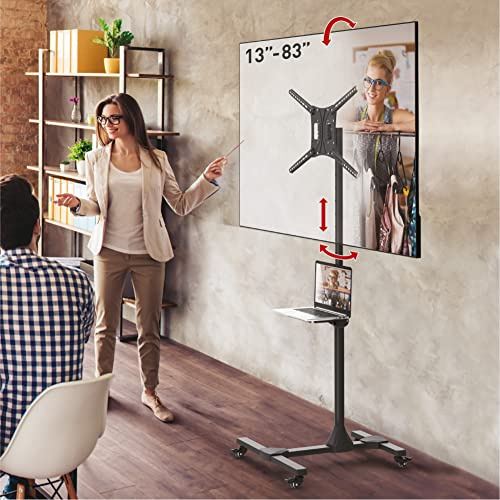 Barkan Mobile TV Cart 13-83 inch Tilt and Height Adjustment Stand, Metal Shelf, Holds Up to 110 lbs, Glossy Finish, Lockable Wheels, Rolling Trolley, Fits LED OLED LCD, Black