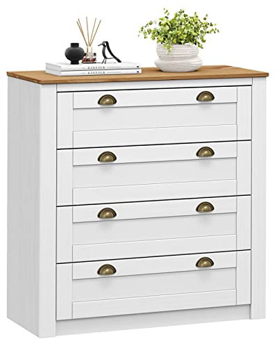 IDIMEX Kommode Bolton aus Massivholz in weiß/braun, Sideboard mit 4 Schubladen und Muschelgriffen aus Metall, Sideboard aus Kiefer, Holz lackiert