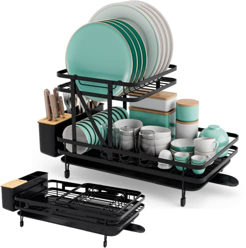 COSTWAY Abtropfgestell 2-stöckig, Geschirrkorb Metall, Erweiterbar & 360 drehbar & Klappbar, Geschirrabtropfgestell mit Utensilienhalter, Abtropfständer Set für Küchentheke, Schwarz