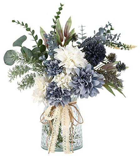 CEWOR Fake Flowers in Vase, Artificial Flowers Arrangement in Vase, Fake Floral Table Centerpieces Decor for Kitchen Farmhouse Coffee Table Living Room Bathroom Plant Decor