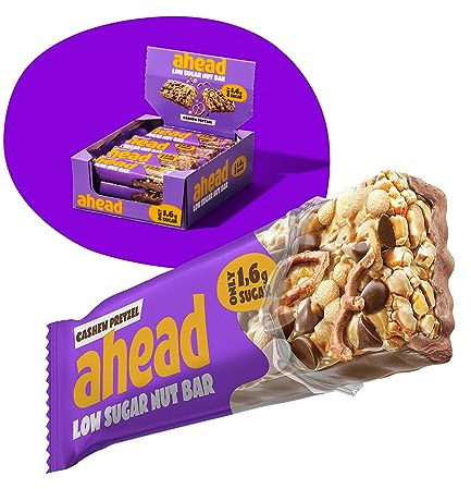 AHEAD Low Sugar Nut Bar | Nussriegel Müsliriegel ohne Zuckerzusatz mit Cashewkernen, Salzbrezel & Milchschokolade- 12x35g mit nur 1,7g Zucker pro Riegel - Cashew Pretzel