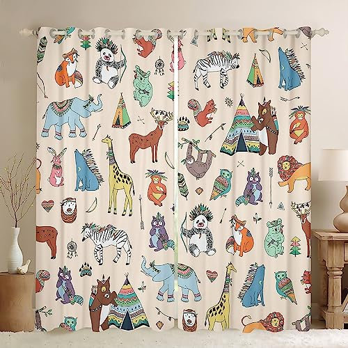 Nette Tiere Vorhang XLL Größe Tropischer Tribal Stil Vorhänge Elefant Zebra Panda Fuchs Fenster Vorhänge Kinder Mädchen Jungen Erwachsenenzimmer Dekor Retro Boho Fenster Behandlung Vorhänge