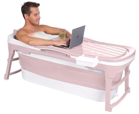 HelloBath® Bañera Plegable L 128x60x58 cm para Adultos | Bañera Portátil con Cojín, Luz LED, Portajabón & Rodillos de Masaje | Baño de Hielo & Tina Exterior para Verano & Invierno | Rosa