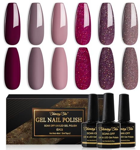Shining She Vernis Semi Permanent, 6 Couleurs Rouge Foncé Rose Foncé Gris-brun Paillettes Vernis à Ongles Gel Soak Off UV/LED Semi-permanent Manucure Kit Pour Salon De Manucure DIY Home, 8ml