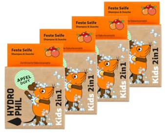HYDROPHIL - Festes Kinder Shampoo & Dusche - Vegan - Naturkosmetik - Für alle Hauttypen (Fruchtiger Apfel, 60g (4er Pack))