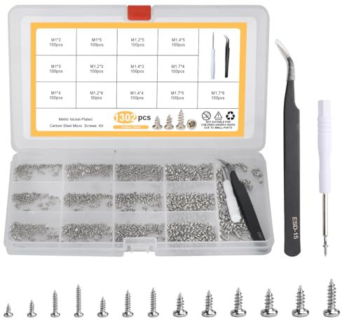 1300 Pcs Small Screws, Self Tapping Screws, Micro Repair Screw Kit, Round Head Wood Screws Assortment Kit, Tiny Screws for Watches Spectacle, M1/M1.2/M1.4/M1.7