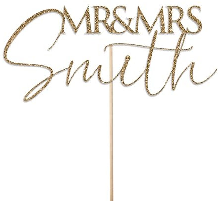 Personalised Glitter Wedding Cake Topper by KreateSquare - Customisable Any Name, Custom Colour – - Mr and Mrs Rustic Design -Cake Decoration For Wedding (Gold)