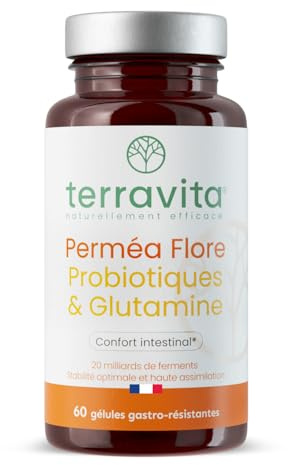 Permea Flore | PROBIOTIQUES + GLUTAMINE | Flore Intestinale et Cicatrisation de la Muqueuse | Idéal Contre la Perméabilité Intestinale | 60 Gélules Gastro-résistantes | Made in France | Terravita