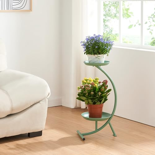 [en.casa] Stand Portapiante con 2 Piani Portavasi Supporto a Forma di C Portafiori in Metallo Espositore per Piante a 2 Livelli 61,5 x 30 x 25 cm Verde